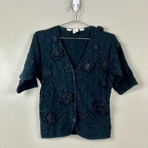 Vintage Ungaro Ter Black Floral Cardigan Womens M Knit 3D Cotton